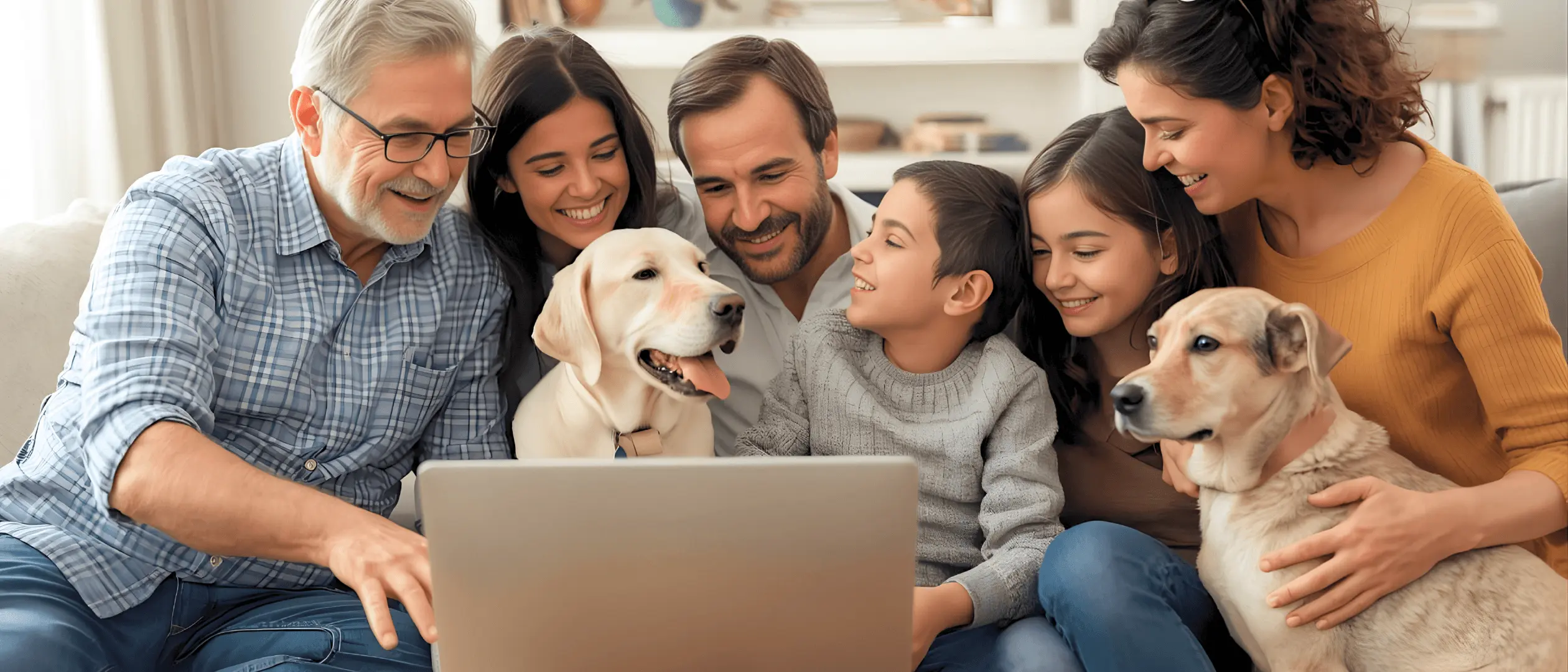 Family laughing together at home in a warm bright living room
